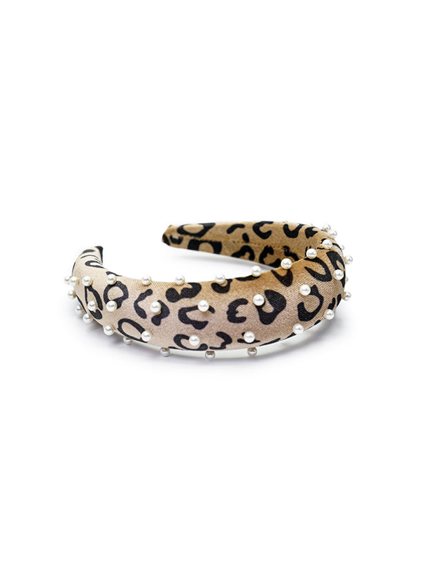 VELVETY LEOPARD PRINT PADDED HEADBAND WITH PEARLS