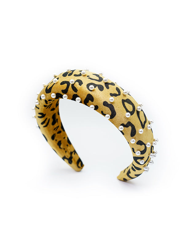 VELVETY LEOPARD PRINT PADDED HEADBAND WITH PEARLS