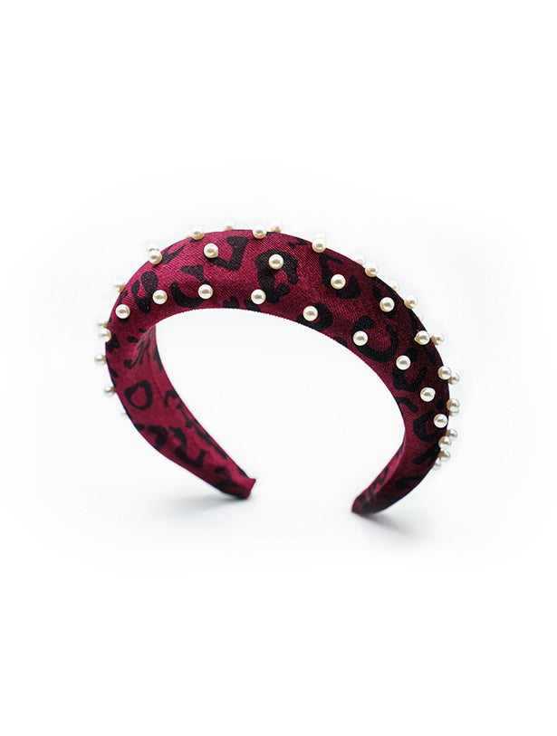 VELVETY LEOPARD PRINT PADDED HEADBAND WITH PEARLS