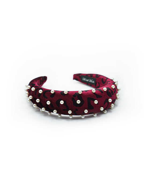 VELVETY LEOPARD PRINT PADDED HEADBAND WITH PEARLS