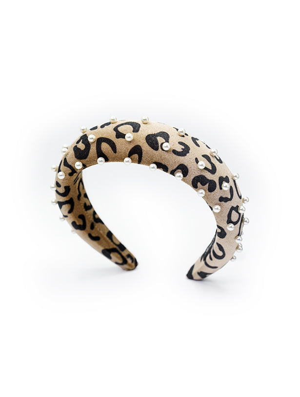 VELVETY LEOPARD PRINT PADDED HEADBAND WITH PEARLS