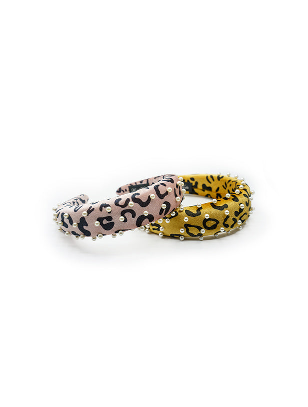 VELVETY LEOPARD PRINT PADDED HEADBAND WITH PEARLS