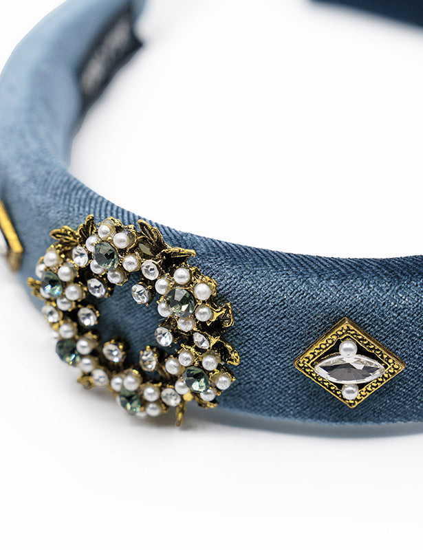 BEJEWELED PADDED VELVET VINTAGE HEADBAND WITH TINY PEARLS AND STONES