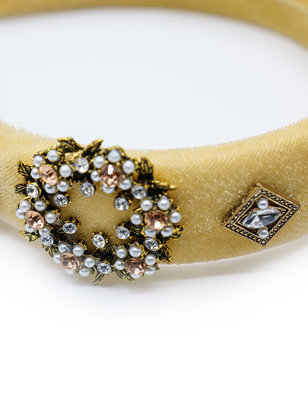 BEJEWELED PADDED VELVET VINTAGE HEADBAND WITH TINY PEARLS AND STONES