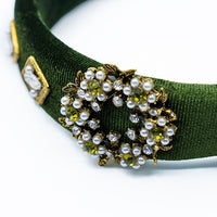 BEJEWELED PADDED VELVET VINTAGE HEADBAND WITH TINY PEARLS AND STONES