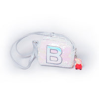 REVERSIBLE SEQUIN 'B' INITIAL STRAPPY SIDE BAG WITH KEY CHAIN