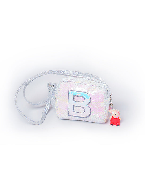 REVERSIBLE SEQUIN 'B' INITIAL STRAPPY SIDE BAG WITH KEY CHAIN