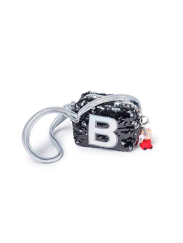 REVERSIBLE SEQUIN 'B' INITIAL STRAPPY SIDE BAG WITH KEY CHAIN