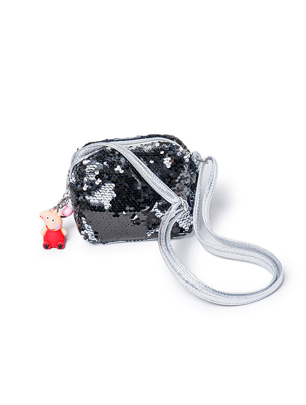 REVERSIBLE SEQUIN 'B' INITIAL STRAPPY SIDE BAG WITH KEY CHAIN