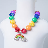 MULTI COLORED STONED BUBBLEGUM NECKLACE WITH RAINBOW PENDANT