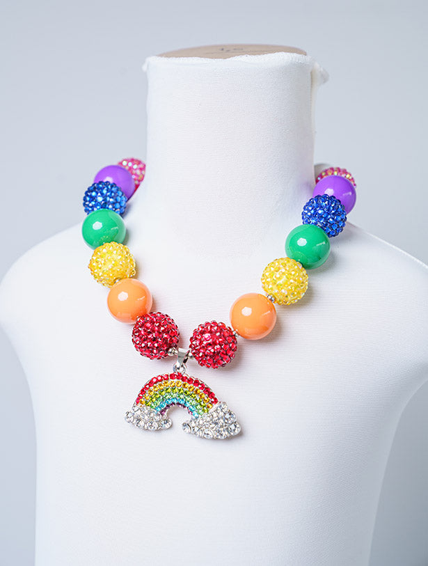 MULTI COLORED STONED BUBBLEGUM NECKLACE WITH RAINBOW PENDANT