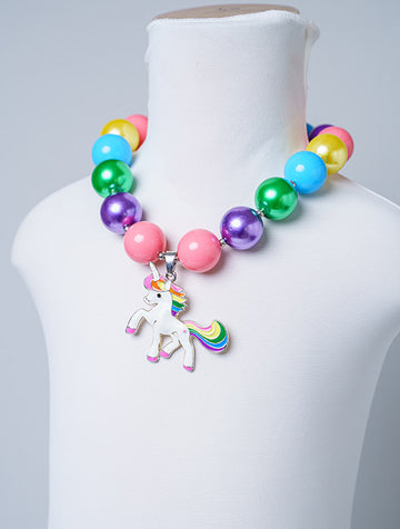 MULTI-COLOR BUBBLEGUM NECKLACE WITH UNICORN PENDANT