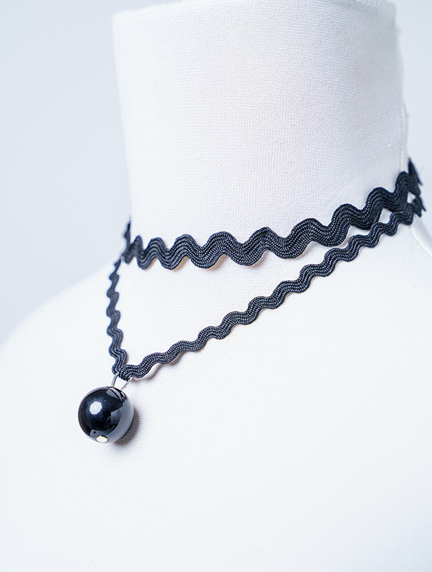 DOUBLE LAYER BLACK GOTHIC LACE CHOKER WITH BLACK BALL PENDANT