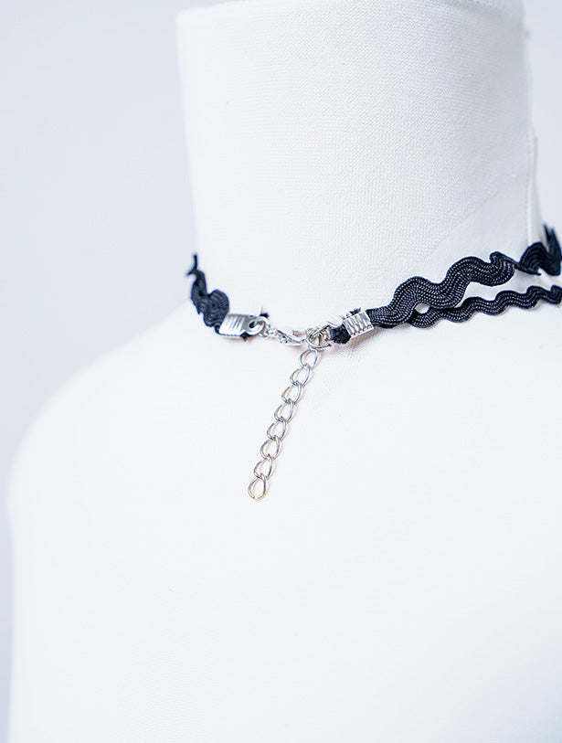 DOUBLE LAYER BLACK GOTHIC LACE CHOKER WITH BLACK BALL PENDANT