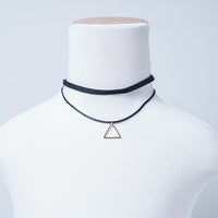 DOUBLE LAYER BLACK LEATHER AND VELVET STRIP CHOKER WITH TRIANGULAR PENDANT