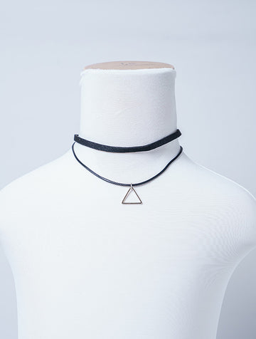 DOUBLE LAYER BLACK LEATHER AND VELVET STRIP CHOKER WITH TRIANGULAR PENDANT